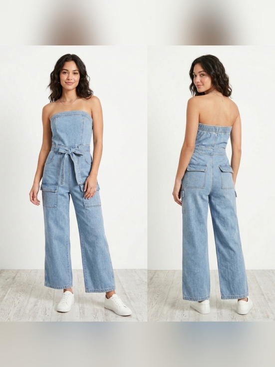 Sincerly Jules Pants - Sincerely Jules Strapless Denim Cargo Jumpsuit Light Wash Small